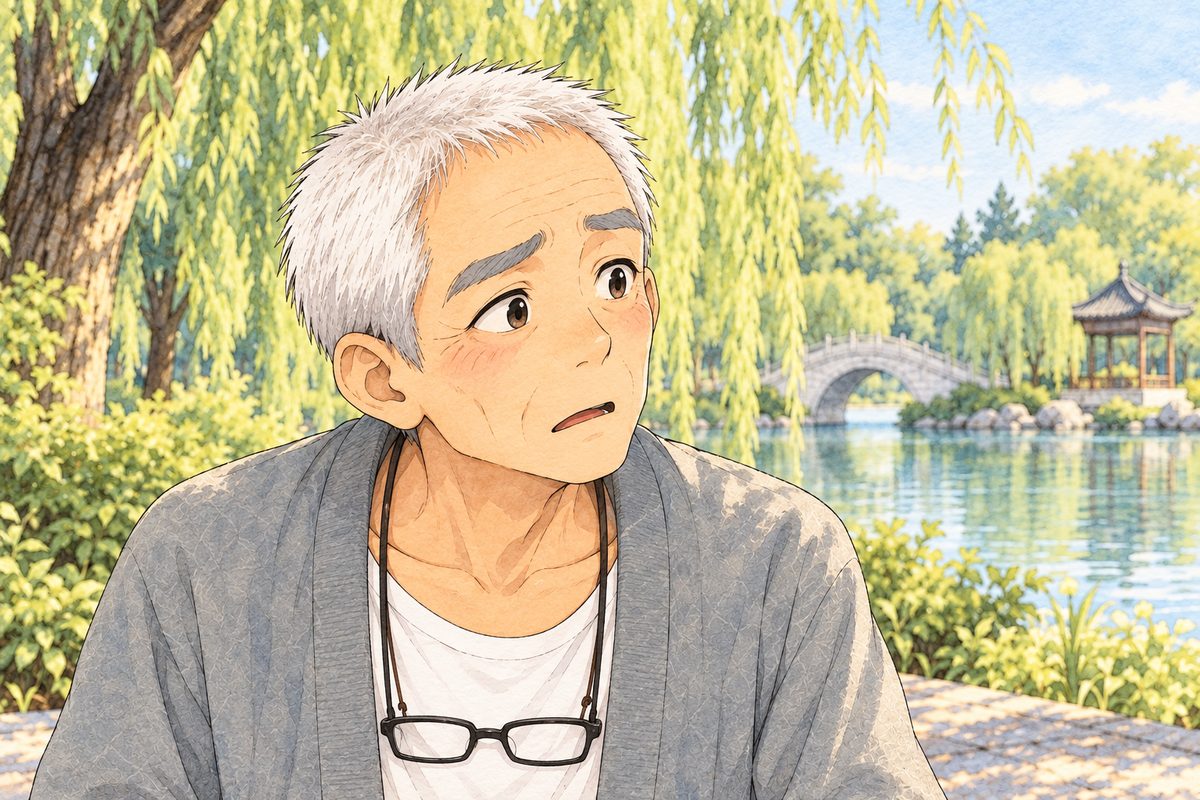 Same gold light. Close on Grandpa, bewildered, looking RIGHT at the phone off panel. His face in the middle of the panel; the willow behind is the quiet area.