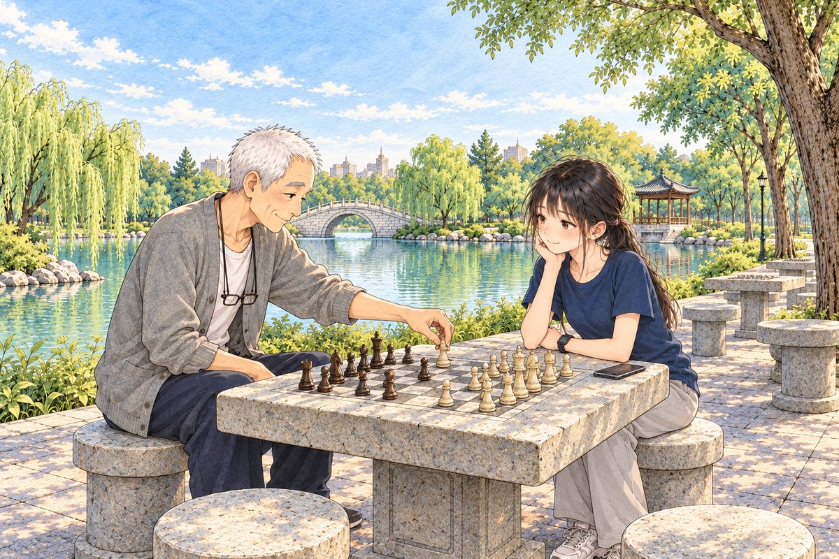 Same morning. Grandpa on his stool on the LEFT tries it out: he leans right across the carved board and moves a cream piece on Wu's side with his RIGHT hand, as if playing the other side against himself, a dark brown piece he has just moved standing nearer his own edge. Xiaoyu on the far stool on the RIGHT watches him, smiling, her phone lying face down on the stone by her LEFT hand. Two faces low in the lower middle of the panel. The willow and bright sky above are the quiet area for the box.