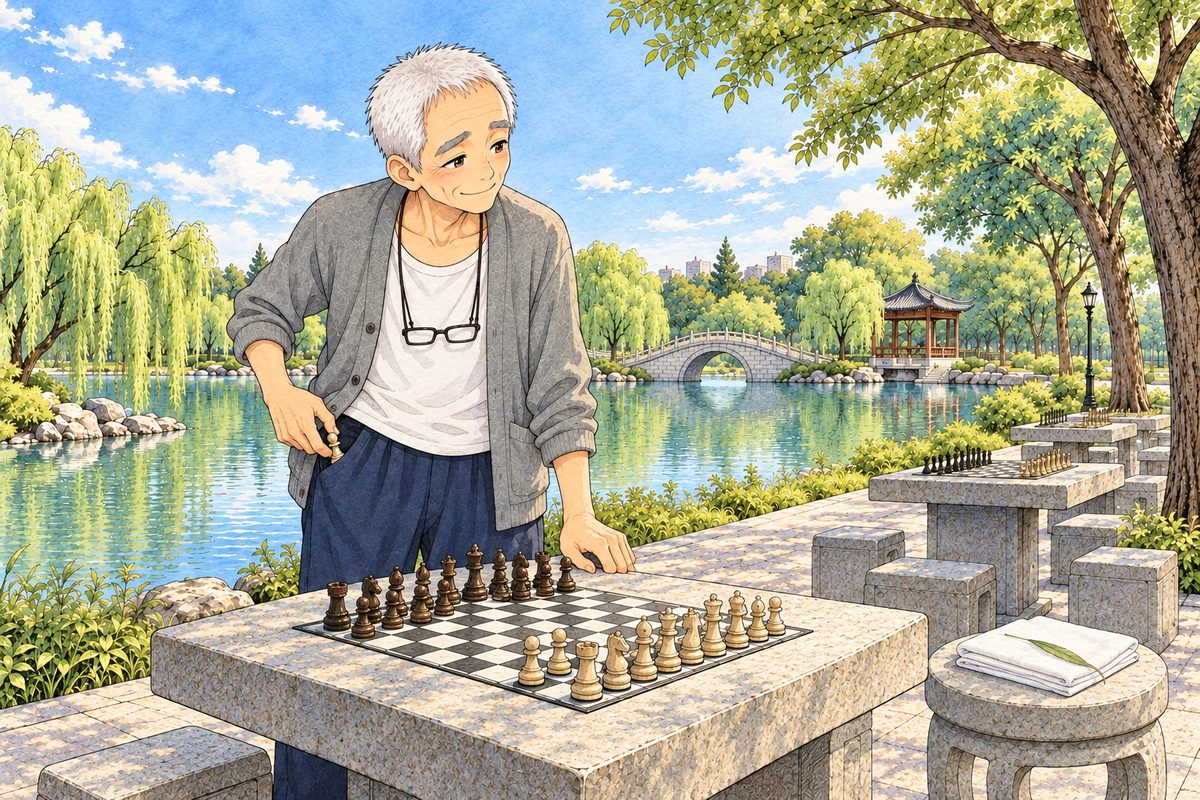Same morning. Grandpa looks across the table towards the empty stool at the RIGHT with the folded white cloth on it, a small laugh in his eyes; his RIGHT hand turns one of Wu's cream pawns that he has picked up off the board, and he slips it into his trouser pocket. His face in the upper middle of the panel. The stone table below is the quiet area.