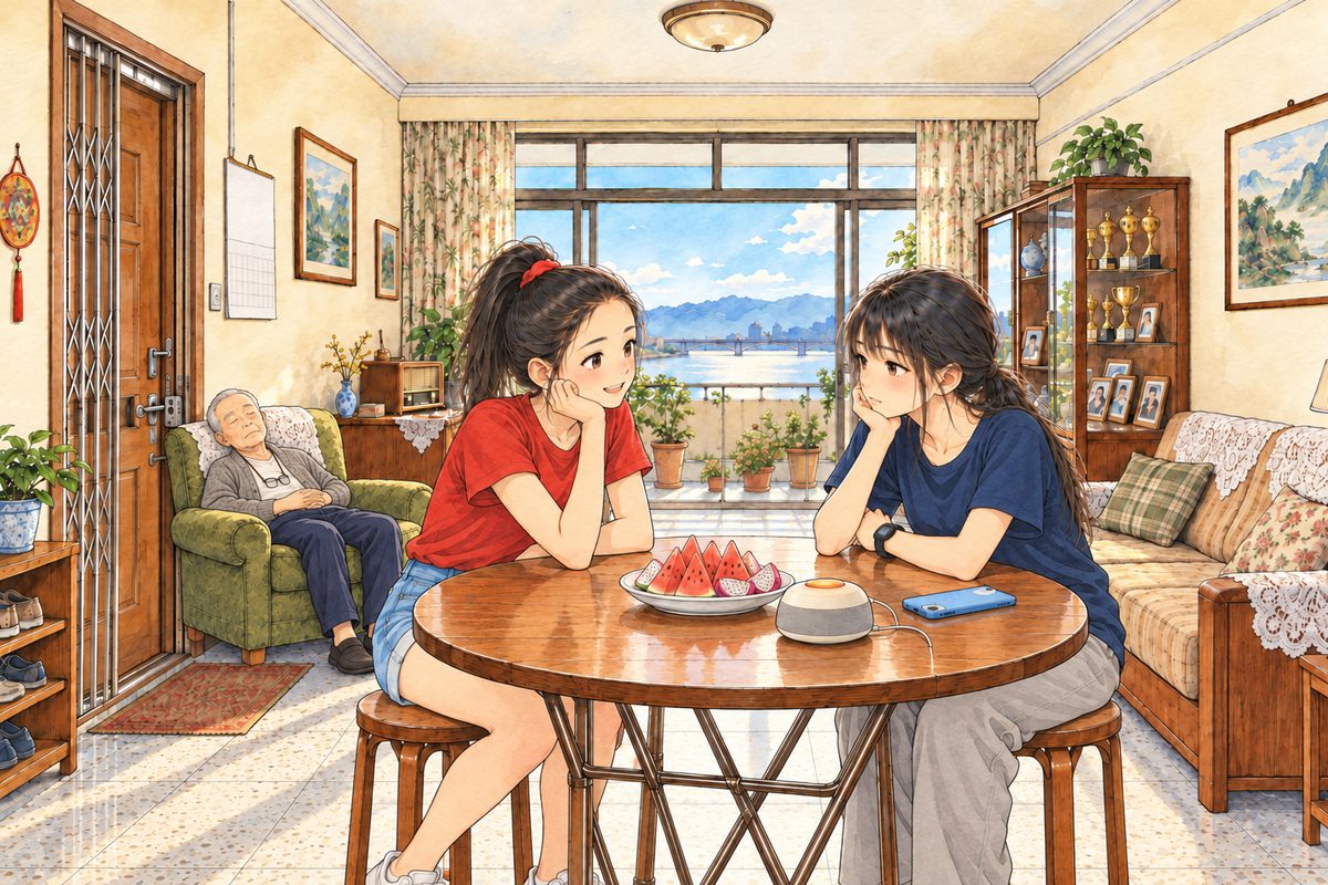 Sunday 24 July, four in the afternoon, hot hazy light through the balcony glass, the electric fan turning. Lili, eighteen, in her red t-shirt with her tight high ponytail, sits at the round folding table on the LEFT; Xiaoyu sits on the RIGHT, her phone lying screen-down on the table, a plate of cut watermelon between them, with a few pieces of pink dragon fruit at one edge. Grandpa dozes small in the olive armchair far at the LEFT. Lantern stands dull and off on the table. The people are solid and opaque; reflections only on empty glass. Two faces in the middle band. The wall above is the quiet area.