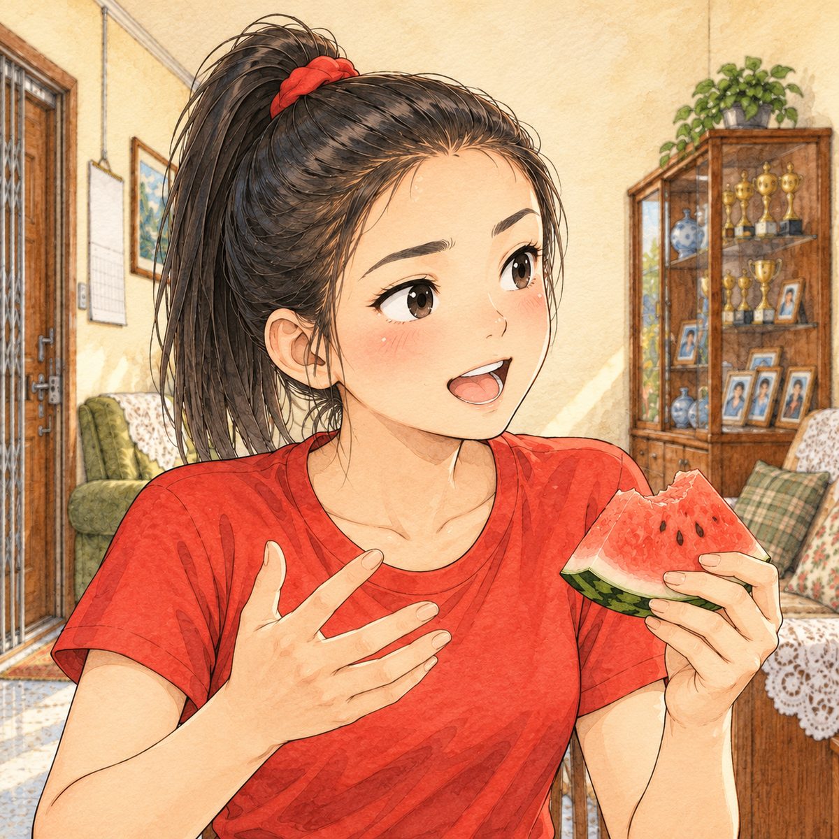 Same afternoon. Close on Lili, looking RIGHT at Xiaoyu off panel, explaining with a slice of watermelon in her LEFT hand. Her face in the middle of the panel. The wall behind is the quiet area.
