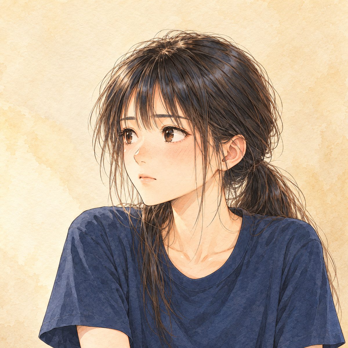 Same afternoon. Close on Xiaoyu, looking LEFT at Lili off panel, thinking. Her face in the middle of the panel. The wall behind is the quiet area.