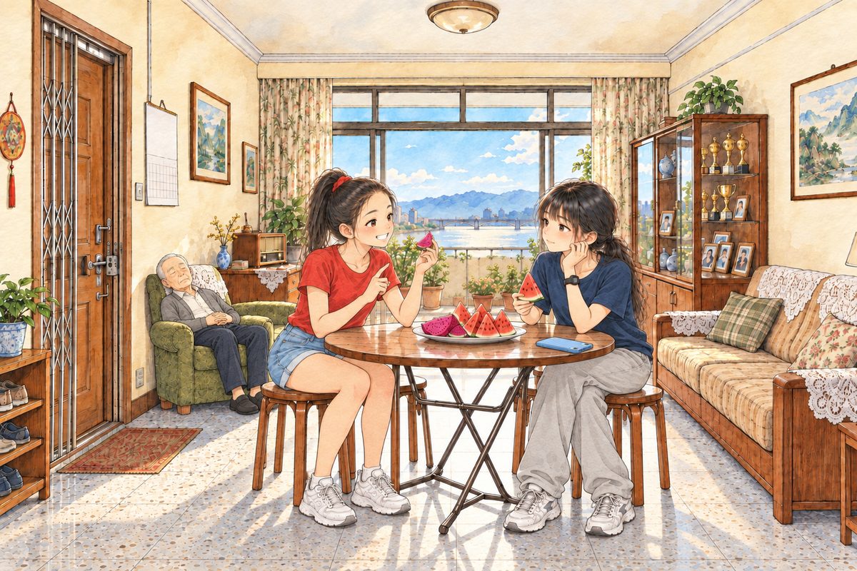 Same afternoon. On the plate between them are red watermelon slices and a few pieces of pink dragon fruit with tiny black seeds. Lili on the LEFT holds up a piece of dragon fruit in her LEFT hand, a fruit she has never tried, grinning, the forefinger of her RIGHT hand raised. Xiaoyu on the RIGHT holds an ordinary slice of watermelon in her RIGHT hand. The dragon fruit is the focal point. Two faces low in the lower middle of the panel. The wall and the window light above are the quiet area for the box.