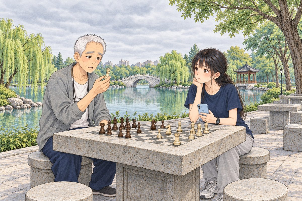 Monday 25 July, six in the morning, a soft grey overcast sky, no sun, the lake flat and pale. Grandpa on his stool on the LEFT holds a captured cream queen up between the finger and thumb of his RIGHT hand, puzzled. Xiaoyu on the far stool holds her phone in her LEFT hand (we see its back) and watches his face. Two faces in the middle band; the pale sky above is the quiet area.