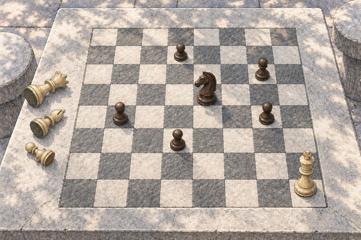Same soft grey light. Close from above on the carved board: Grandpa's dark brown knight stands where the cream queen was; the cream king stands alone in a corner; a few cream pieces lie on their sides at the stone edge. No people, no hands. The grey stone around is quiet.