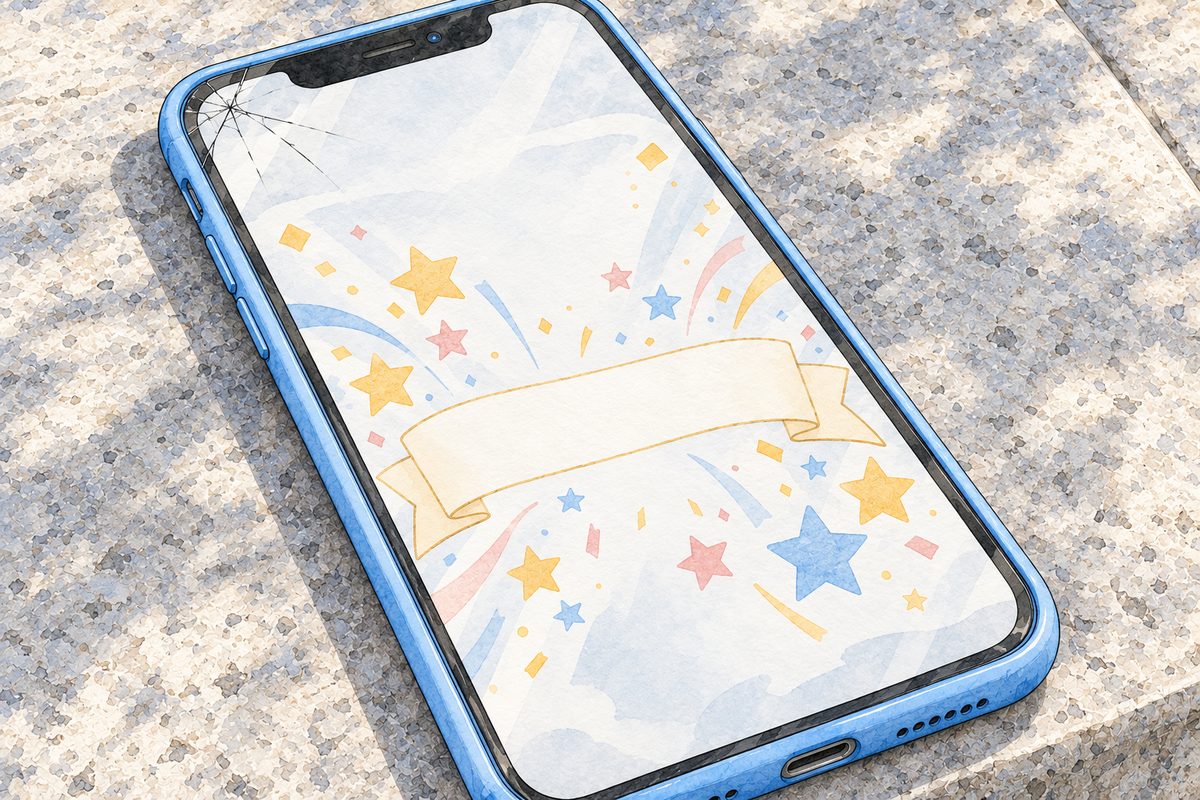 Same grey light. Close on the sky-blue phone lying screen-up on the pale-grey stone, its screen filling the panel: a burst of painted confetti stars round an empty banner, the banner painted BLANK, the words lettered afterwards. No people. The stone around is quiet.