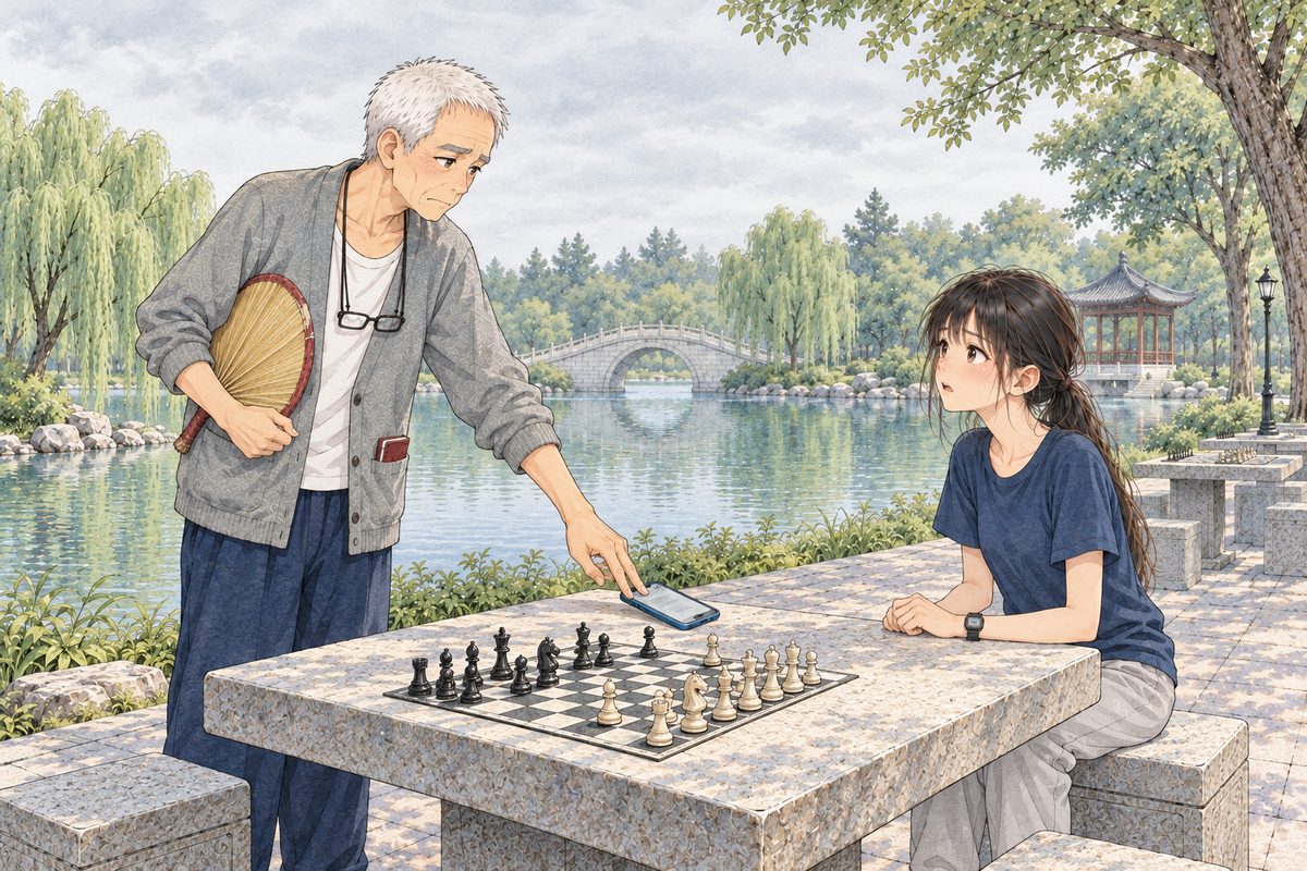Same grey morning. Grandpa stands up from his stool on the LEFT, pushing the phone back across the stone towards Xiaoyu with two fingers of his RIGHT hand, offended; Uncle Wu's fan is tucked under his LEFT arm. Xiaoyu sits on the far stool on the RIGHT, dismayed. Two faces in the middle band; the pale sky above is the quiet area.