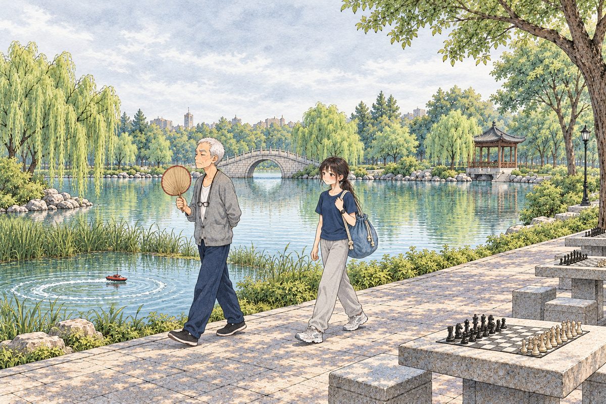 Same grey morning. On the paved lake path, Grandpa walks home ahead on the LEFT, fanning himself with Uncle Wu's fan, back straight and cross; Xiaoyu follows on the RIGHT with the faded blue chess bag over her shoulder, rueful. Between them and the flat pale lake, in a small reedy bay by the path, one little red remote-controlled toy boat goes round and round in a tight circle, its wake a ring of loops on the still water, while the open lake beyond stays empty. Nobody holds a controller in the picture. Light and a little comic, not grief. Two small faces; the pale sky and willows above are a wide quiet band for the box.