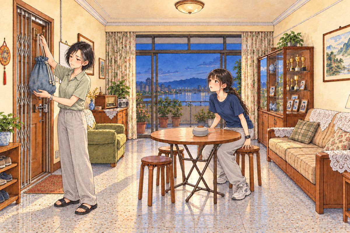 Monday 25 July, eight in the evening, the lamp on, the balcony glass deep blue. Mama, in her sage-green blouse, stands at the front door in the LEFT wall lifting the faded blue chess bag off its hook with both hands; Xiaoyu stands at the round folding table in the middle, half risen. Lantern stands dull and off on the table. Grandpa's bedroom door is closed. The people are solid and opaque; reflections only on empty glass. Two faces in the middle band. The wall above is the quiet area.