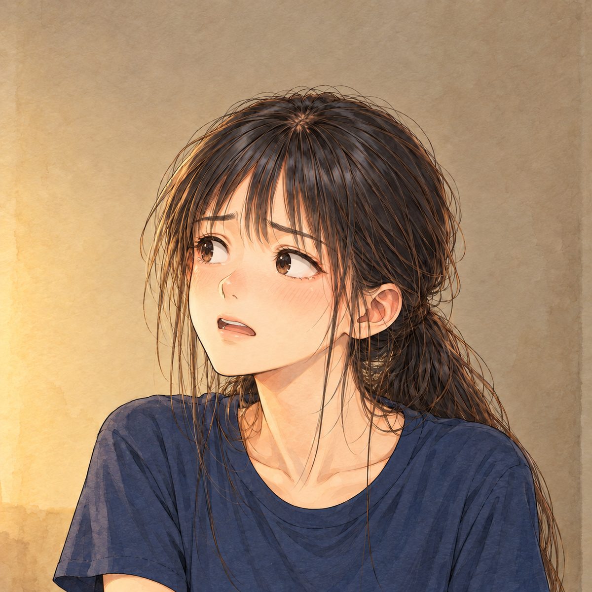 Same lamplit evening. Close on Xiaoyu, looking LEFT at Mama off panel, pleading. Her face in the middle of the panel. The dim wall behind is the quiet area.