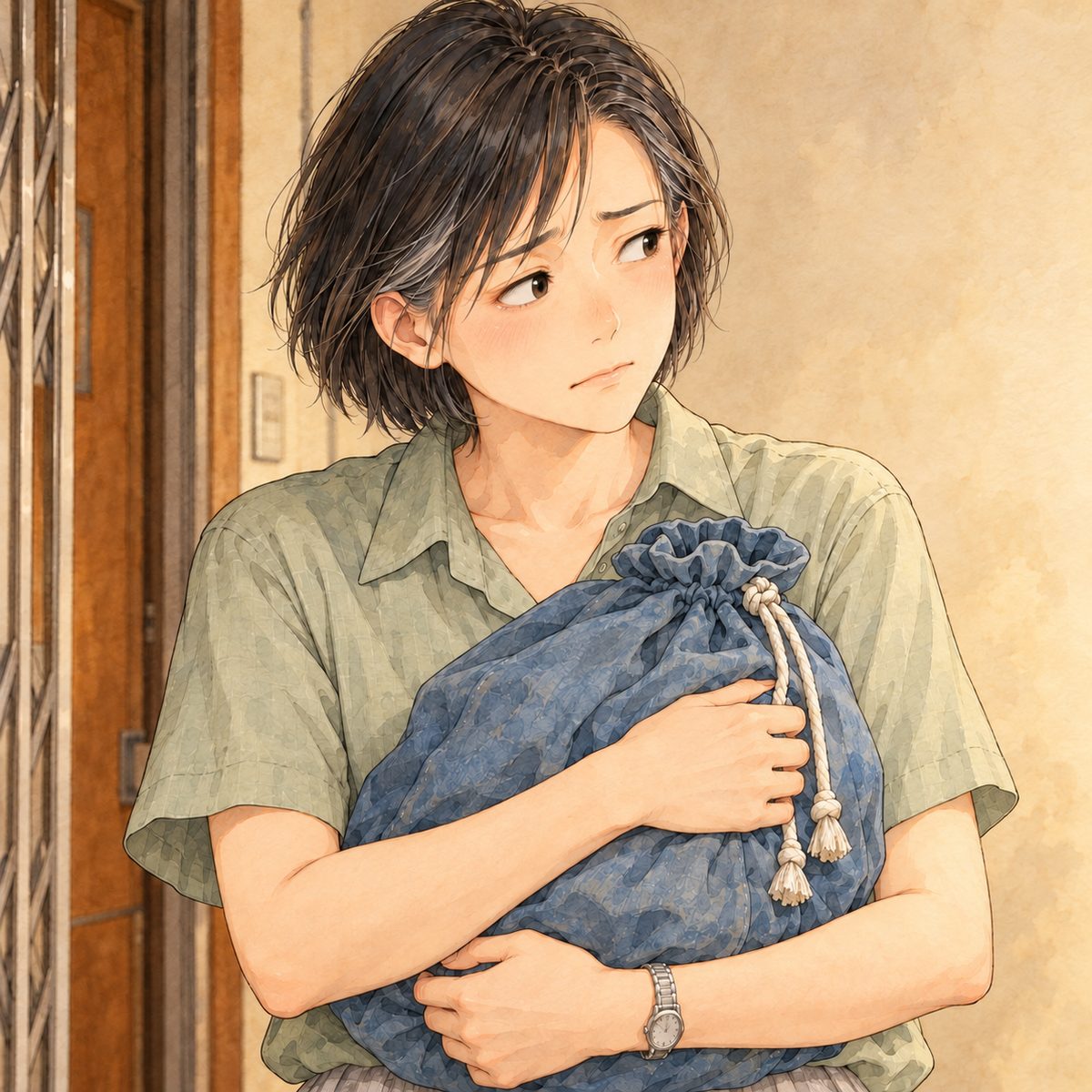 Same lamplit evening. Close on Mama, looking RIGHT at Xiaoyu off panel, tired and not cruel, the blue cloth bag held against her chest in both arms. Her face in the middle of the panel. The dim wall behind is the quiet area.