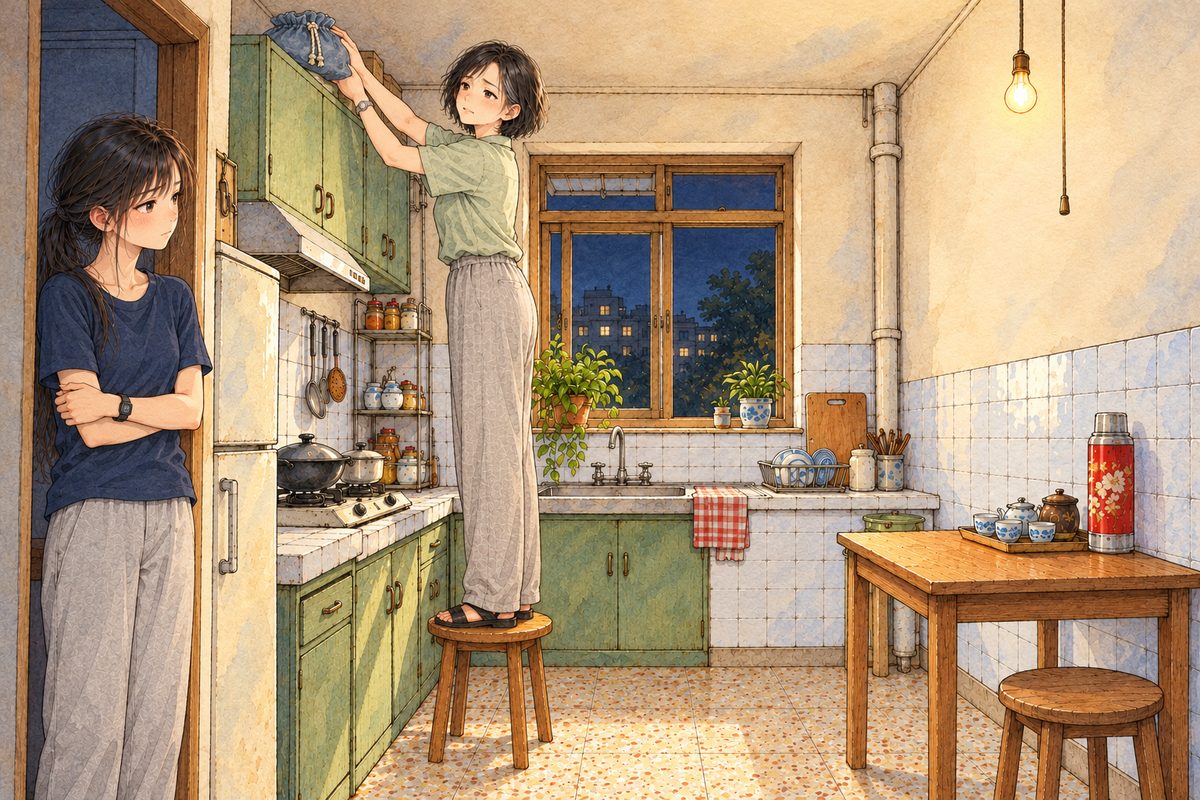Monday 25 July, quarter past eight at night, the bare kitchen bulb. Mama stands on a kitchen stool on the RIGHT pushing the blue bag onto the top of the tall kitchen cupboard with both hands. Xiaoyu stands in the kitchen doorway on the LEFT, her arms wrapped round herself. Two faces in the upper middle of the panel. The kitchen floor and wall below are the quiet area.