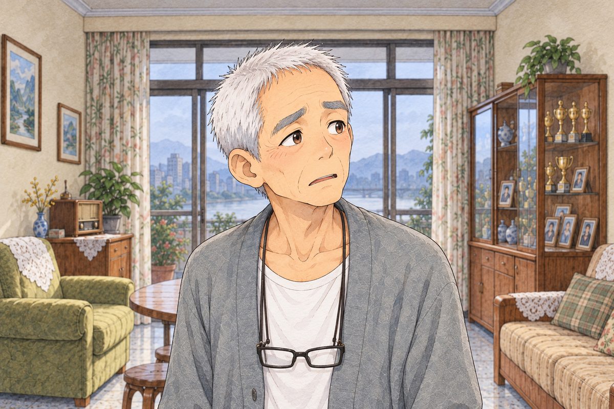 Same grey dawn. Close on Grandpa, lost, looking round the room. His face in the middle of the panel. The grey wall behind is the quiet area.