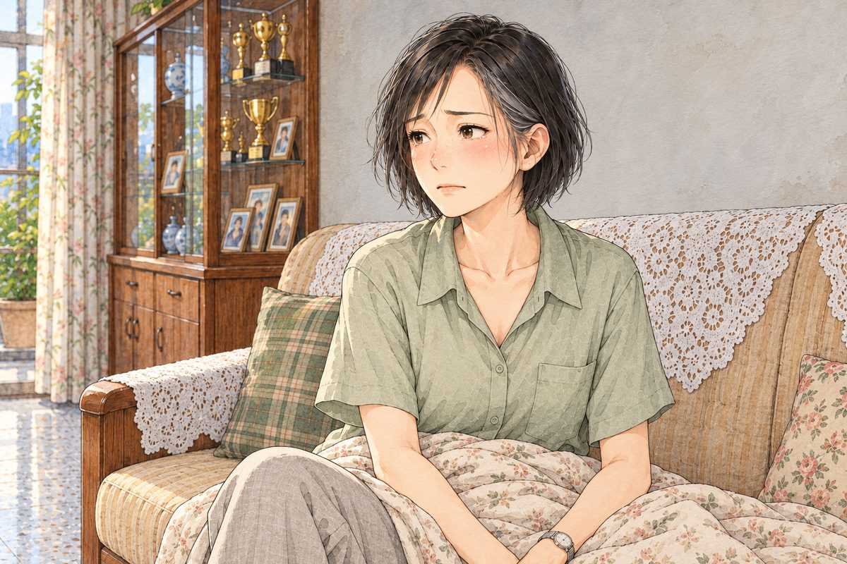 Same grey dawn. Close on Mama sitting up on the sofa under her thin cotton blanket, steeling herself, looking LEFT at Grandpa off panel. Her face in the middle of the panel. The grey wall behind is the quiet area.