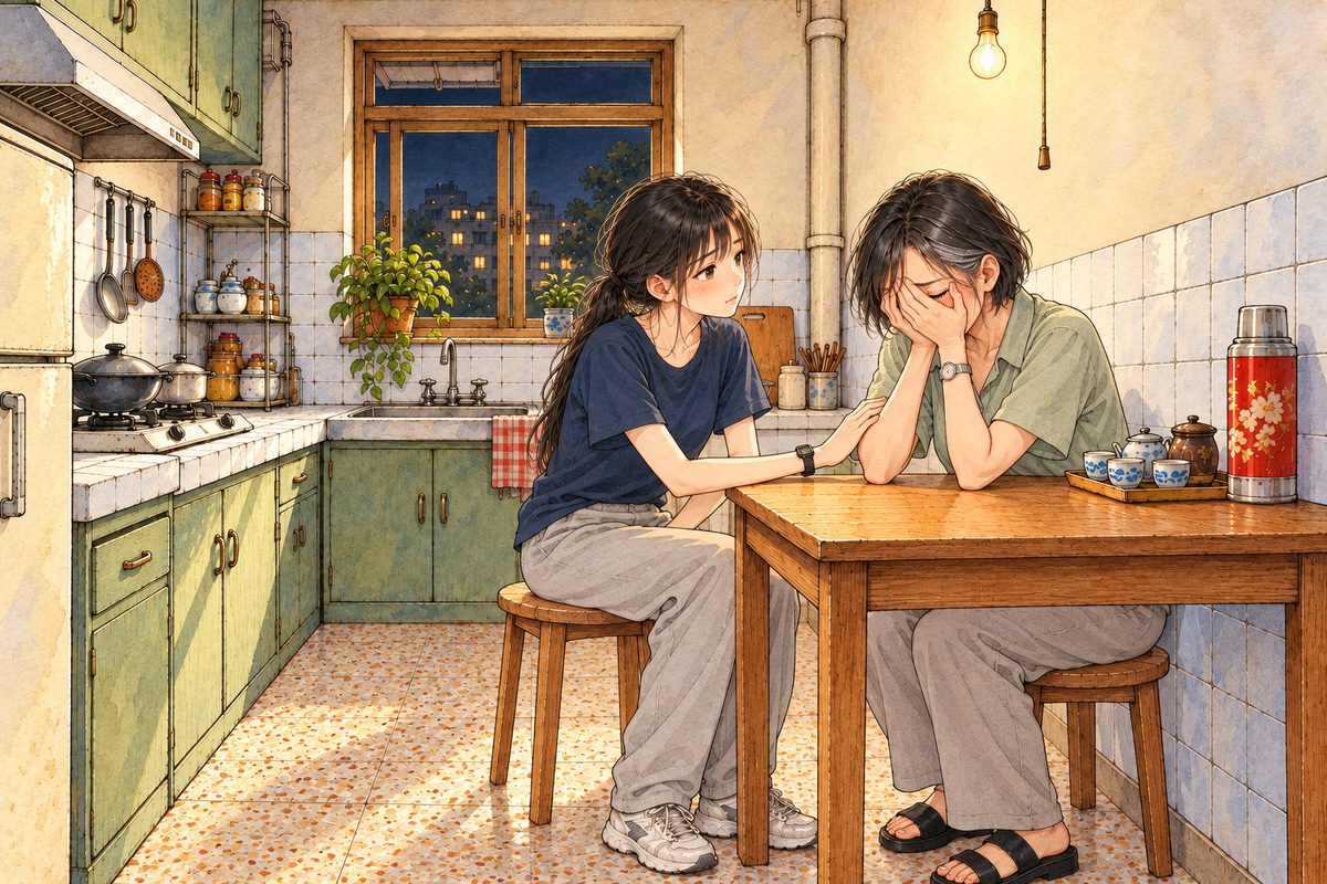 Tuesday 26 July, nine at night, the bare kitchen bulb. Mama sits at the small square table on the RIGHT, her face in her hands, half hidden; Xiaoyu sits across from her on the LEFT, one hand resting on Mama's arm. Two faces in the upper middle of the panel. The table and wall below are the quiet area.