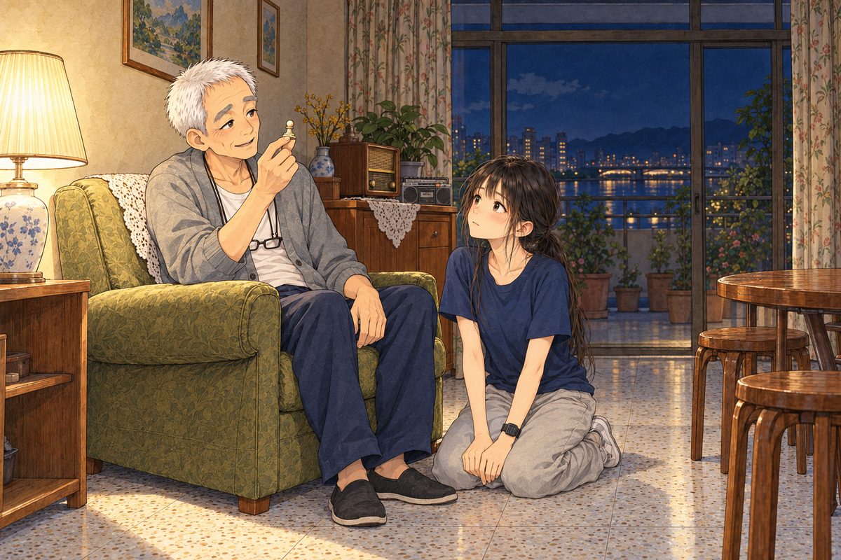 Tuesday 26 July, half past nine at night, only the lamp by the armchair. Grandpa sits in the olive armchair on the LEFT, holding Uncle Wu's cream pawn up in the lamplight between the finger and thumb of his RIGHT hand, talking to it, a small smile. Xiaoyu kneels on the floor beside the chair on the RIGHT, looking up at him. Two faces in the middle band. The dim wall above is the quiet area.