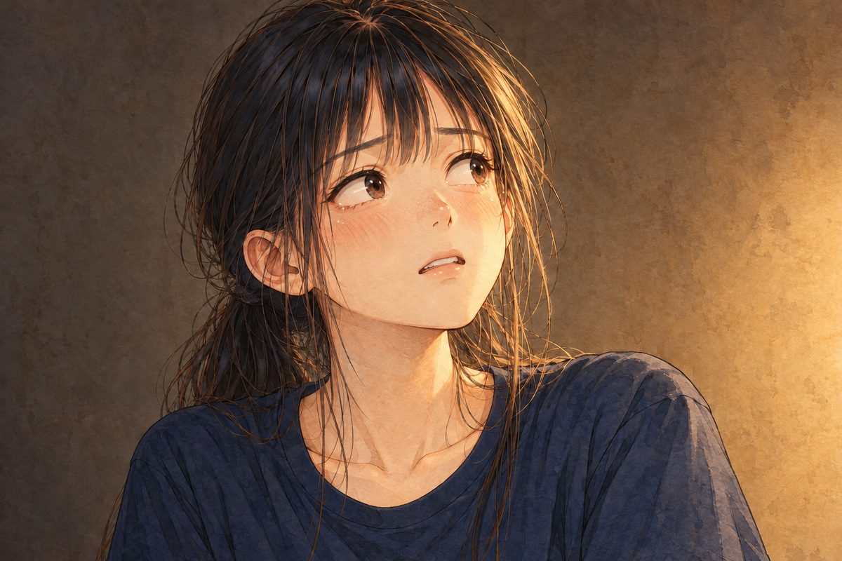 Same lamplit night. Close on Xiaoyu, realising, looking up and LEFT at Grandpa off panel; lamplight on one side of her face. Her face in the middle of the panel. The dark wall behind is the quiet area.