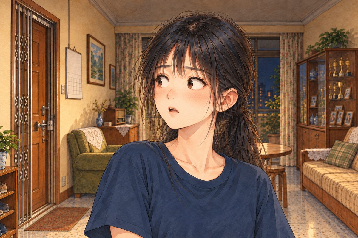 Same lamplit night. Close on Xiaoyu, the same framing, her eyes going wide as she turns her head towards the front door on the LEFT. Her face in the middle of the panel. The dark wall behind is the quiet area. The front door and its gate are SHUT; Xiaoyu is inside the flat, turned towards them.
