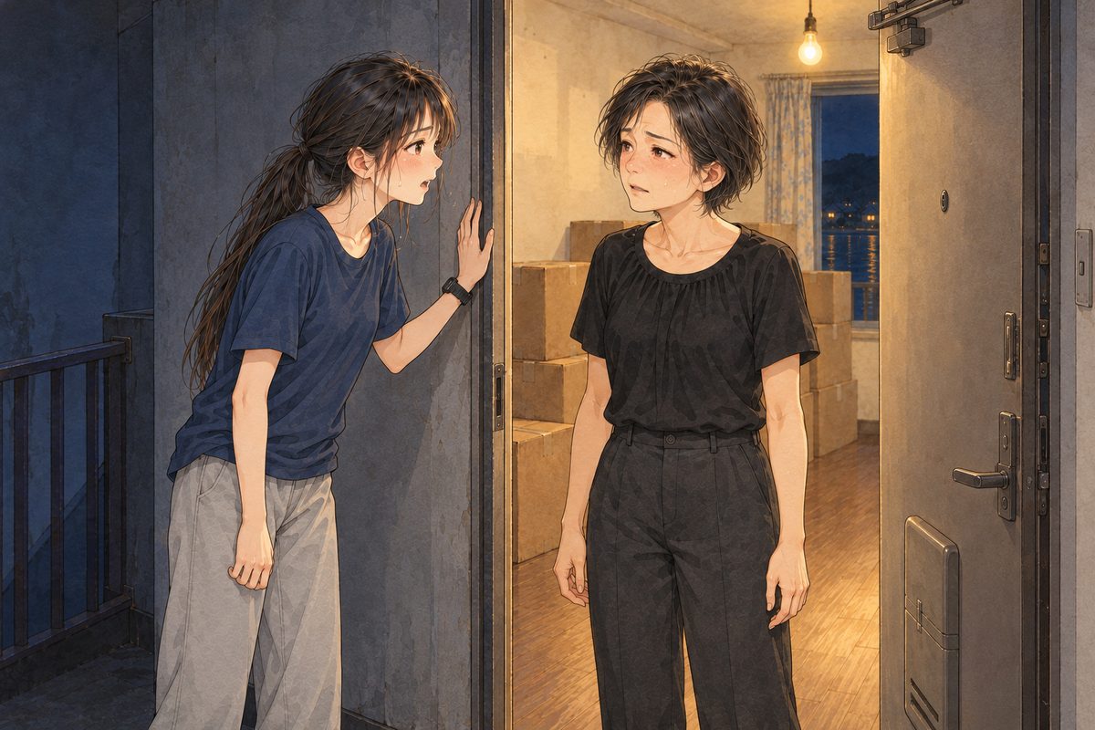 Tuesday 26 July, ten at night, one bare bulb. Wu Jing opens the door of Uncle Wu's half-cleared flat on the RIGHT, in her black blouse; behind her stand taped brown cardboard boxes. Xiaoyu stands on the dim landing on the LEFT, out of breath, one hand on the door frame. Two faces in the middle band. The dark wall above is the quiet area. Uncle Wu's door is OPEN; Wu Jing stands in the doorway on the flat side, Xiaoyu on the landing outside it.