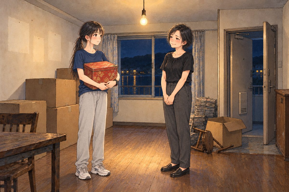 Same night, the bare bulb, among the taped boxes. Xiaoyu on the LEFT already holds the big dented red-and-gold biscuit tin against her chest with both arms; Wu Jing on the RIGHT stands beside a pile by the door (bundled newspapers, a broken stool), a tired, touched smile. Two faces in the middle band. The wall above is the quiet area. Uncle Wu's front door stands OPEN behind Wu Jing; both women are inside the flat.