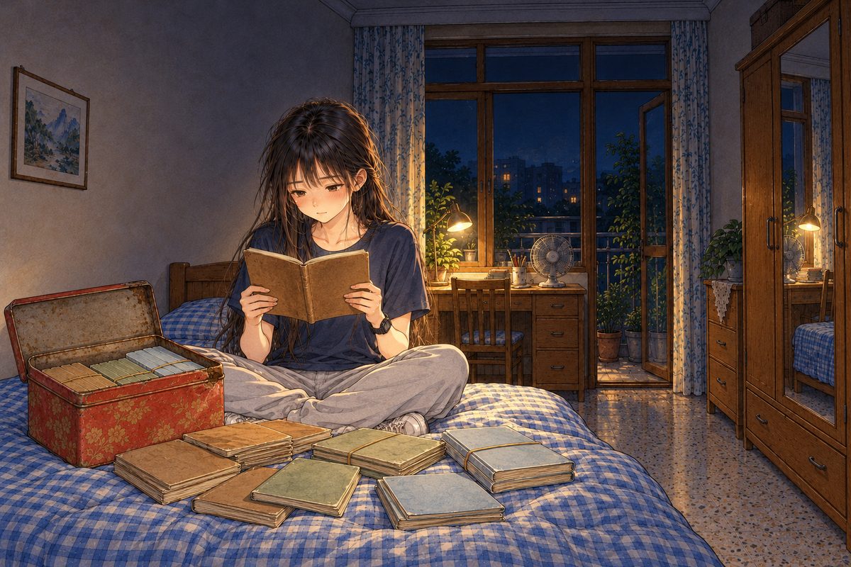 Tuesday night, midnight, the desk lamp only. Xiaoyu sits cross-legged on her bed, hair loose, in her navy t-shirt. The open red-and-gold tin stands beside her and about twenty thin exercise books in rubber bands lie spread on the bedspread. She reads the oldest, brown-covered one, holding it open in both hands, so we see only its brown cover and her face above it. Her black watch on her LEFT wrist. Her face in the middle band; the dark wall above is the quiet area.
