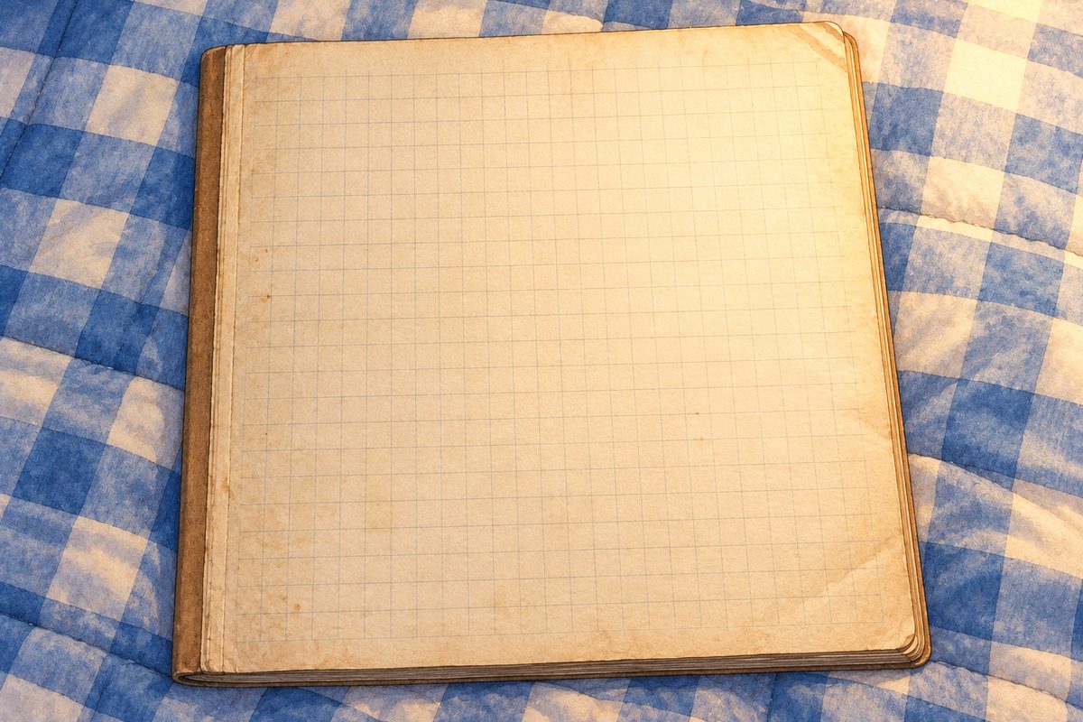 Midnight, lamplight. Close from above on the first page of the oldest book, lying flat on the bedspread, yellowed squared paper with faint lines, painted BLANK; the words are lettered afterwards in faded fountain pen. Below the three lines of Chinese in the note, three or four short lines of real moves in algebraic notation are lettered below them (1.e4 e5 2.Nf3 Nc6 3.Bc4). No hands, no faces. The bedspread around is quiet.