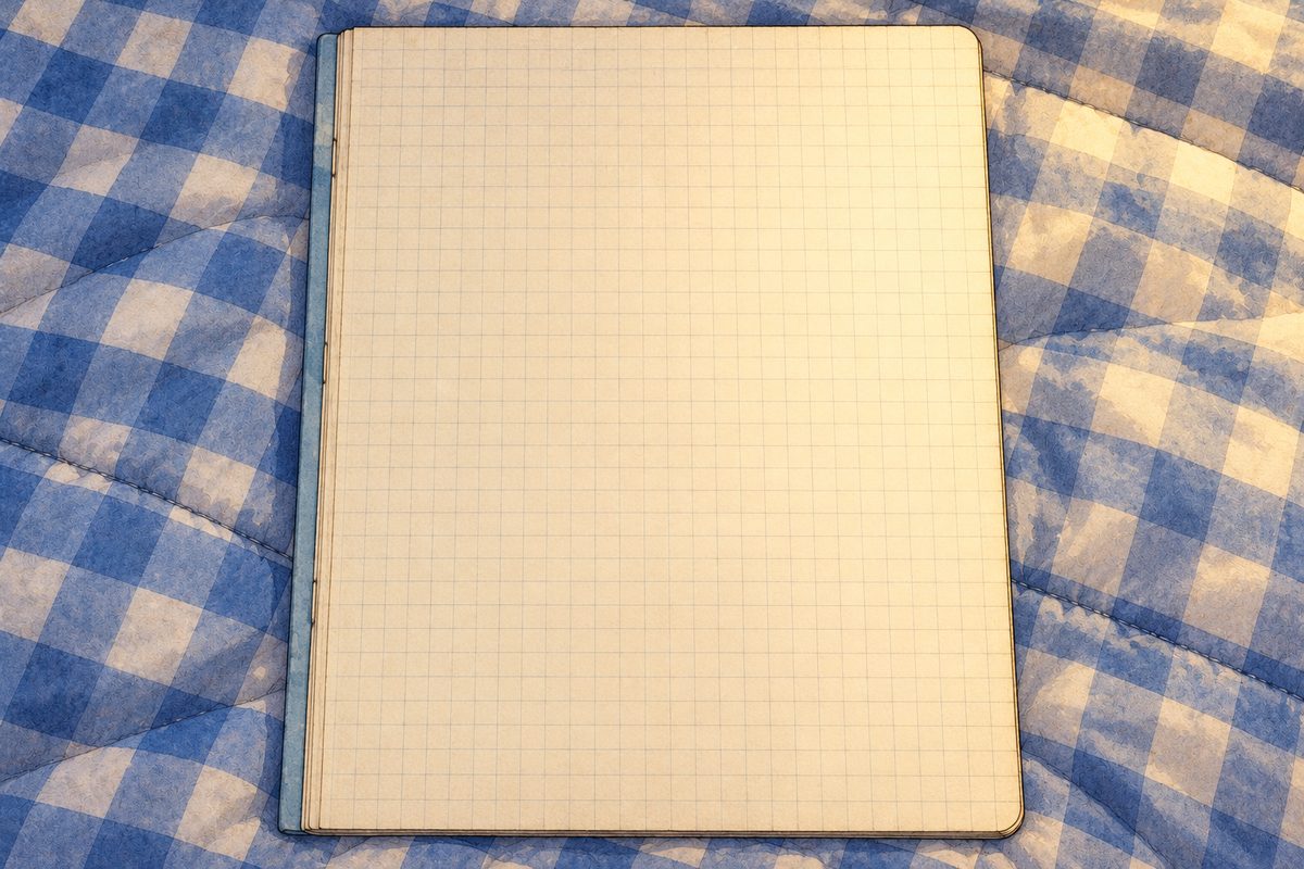 Midnight, lamplight. Close from above on one page of a blue book, lying flat, squared paper painted BLANK, two lines lettered afterwards in blue-black ballpoint. No hands, no faces. The bedspread around is quiet.