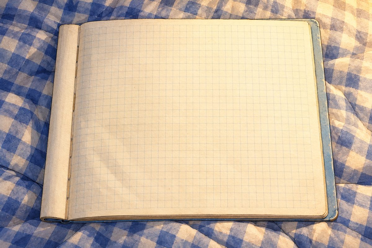 Midnight, lamplight. Close from above on the last written page of the newest pale blue book, lying flat, squared paper painted BLANK; a game stops partway down the page and two lines are lettered underneath in blue-black ballpoint, with a few short lines of real moves in algebraic notation. No hands, no faces. The bedspread around is quiet.