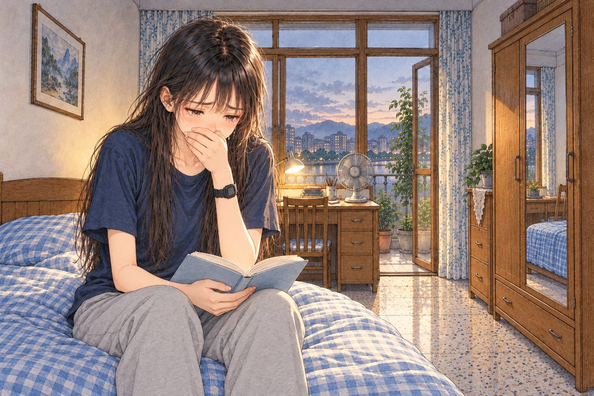 Near dawn, the window going grey, the desk lamp still on. Xiaoyu bends over the open pale blue book in her lap, crying at last, one hand over her mouth. Her face in the upper middle of the panel. The bedspread below is the quiet area.