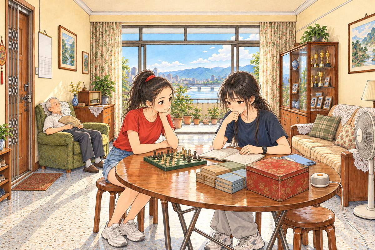 Wednesday 27 July, ten in the morning, bright light, the electric fan on. Lili sits at the round folding table on the LEFT with her small folding magnetic travel chess set open in front of her; Xiaoyu sits on the RIGHT with one of Uncle Wu's notebooks open beside it, more notebooks stacked by the biscuit tin. Her phone lies face down. Lantern stands dull and off. Grandpa naps in the olive armchair far at the LEFT, small, Uncle Wu's fan on his chest. Two faces in the middle band. The wall above is the quiet area.