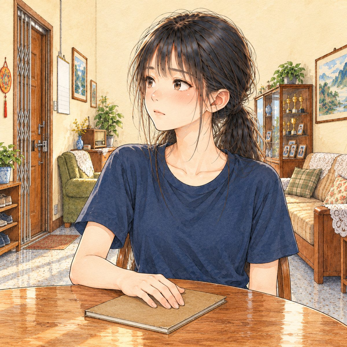 Same bright morning. Close on Xiaoyu, steady, her RIGHT hand flat on the closed notebook in front of her, looking LEFT at Lili off panel. Her face in the middle of the panel. The wall behind is the quiet area.