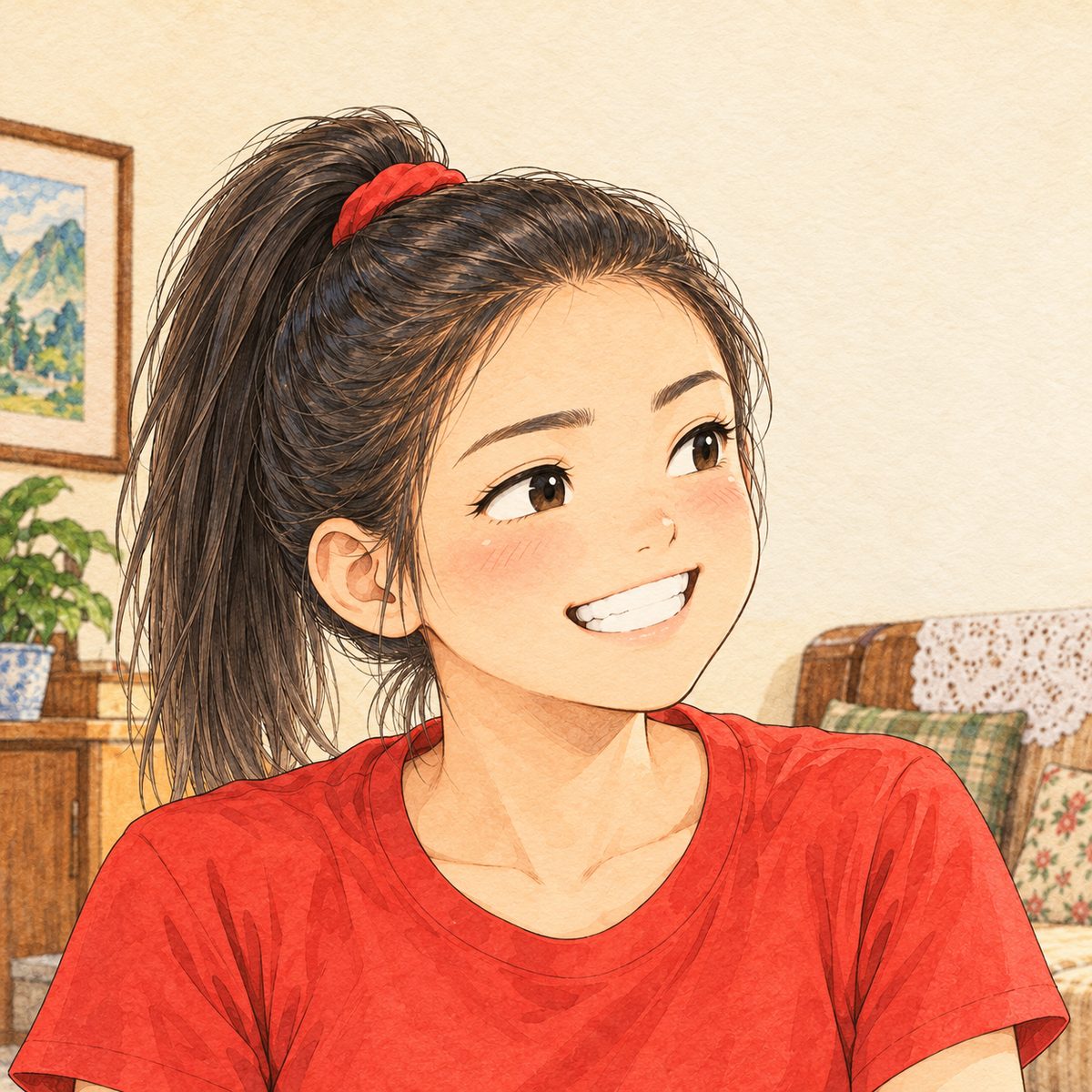 Same bright morning. Close on Lili, looking RIGHT at Xiaoyu off panel, a grin. Her face in the middle of the panel. The wall behind is the quiet area.