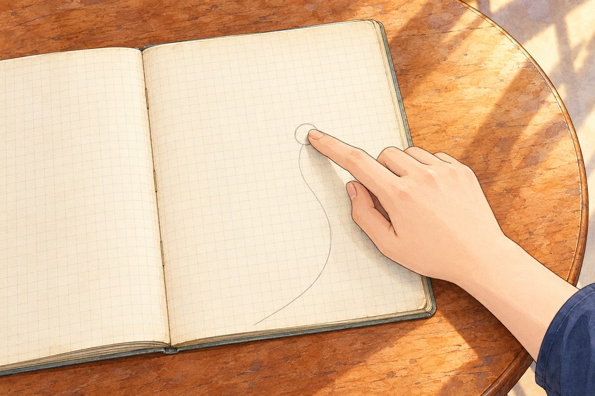 Same bright morning. Close from above on one of Uncle Wu's notebooks lying open on the round table, squared paper painted BLANK; one game is lettered afterwards in blue-black ballpoint as a column of short move lines down the lower two thirds of the page, ending with two characters at the bottom. A faint grey pencil line curls from the bottom of the column back up the margin to a pencil circle round one move line near the top of the column. Xiaoyu's RIGHT forefinger, a smooth simple manga hand with her navy t-shirt cuff at the edge, rests on the pencil circle. No faces. The top third of the page is blank and quiet for the box.