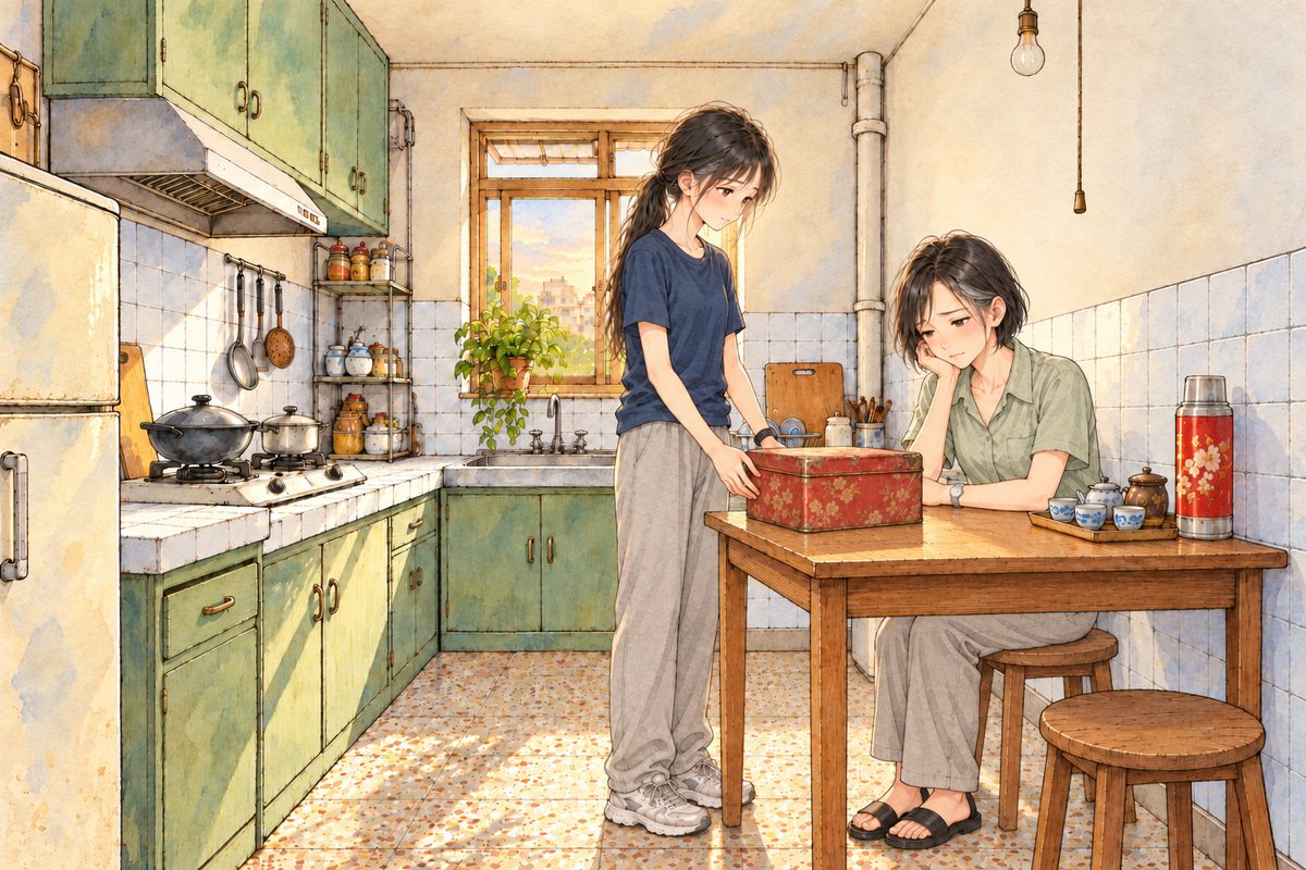 Wednesday 27 July, seven in the evening, gold evening light through the small kitchen window. Xiaoyu has set the red-and-gold biscuit tin on the small square table between them; Mama sits on the RIGHT looking at it, Xiaoyu stands on the LEFT. Two faces in the middle band. The wall above is the quiet area.