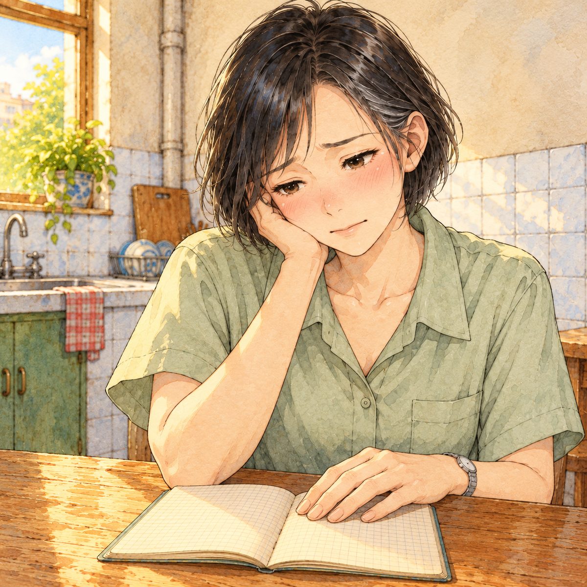 Same gold evening light. Close on Mama looking down at an open notebook under her RIGHT hand, softening. Her face in the middle of the panel. The wall behind is the quiet area.