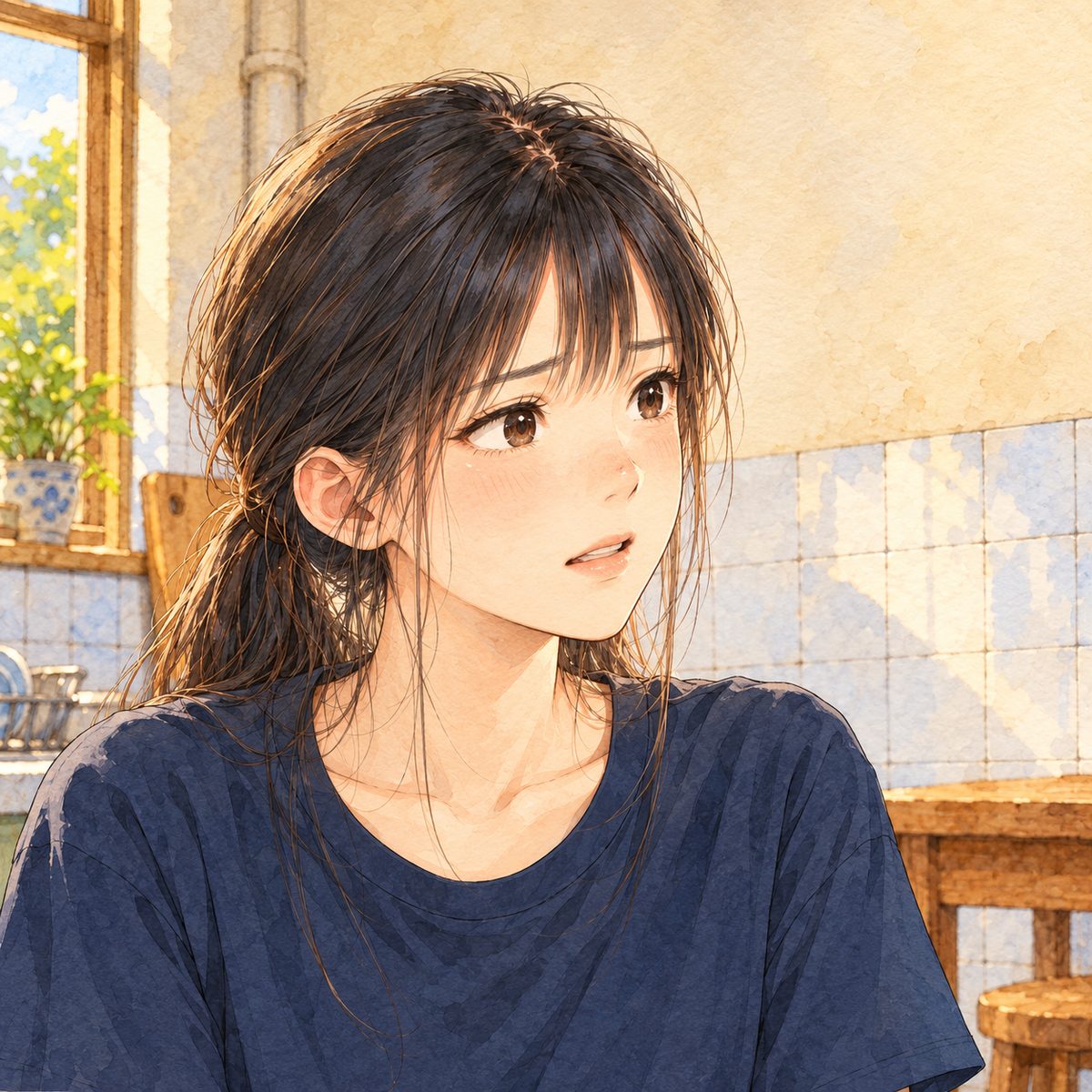 Same gold evening light. Close on Xiaoyu, looking RIGHT at Mama off panel, earnest. Her face in the middle of the panel. The wall behind is the quiet area.