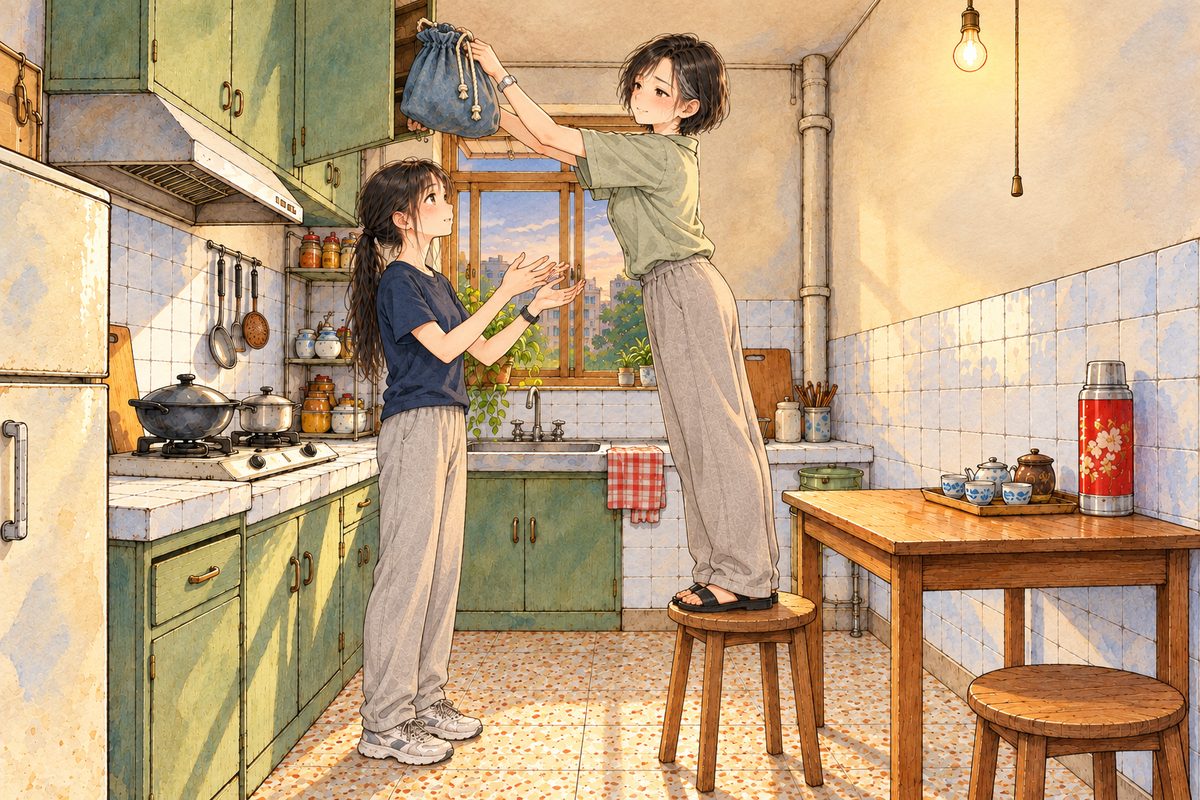 Same evening. Mama stands on the kitchen stool on the RIGHT, reaching up and taking the faded blue chess bag down from the top of the tall cupboard with both hands, her own choice; Xiaoyu stands below on the LEFT with her hands ready. Two faces in the middle band. The wall above is the quiet area.