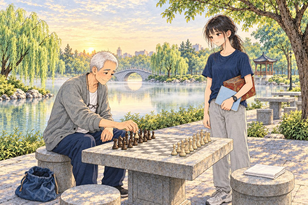 Thursday 28 July, half past five in the morning, mist on the lake, the sky pale gold at the bridge. Grandpa sits on his stool on the LEFT setting out the pieces on the carved board; the blue bag lies open by his stool, and he takes the cream pawn from his trouser pocket and sets it back in its row. Xiaoyu stands by Wu's stool on the RIGHT, the newest pale blue notebook in her LEFT hand and the tin under her RIGHT arm. The folded white cloth lies on Wu's stool. Two faces in the middle band; the mist above is the quiet area.