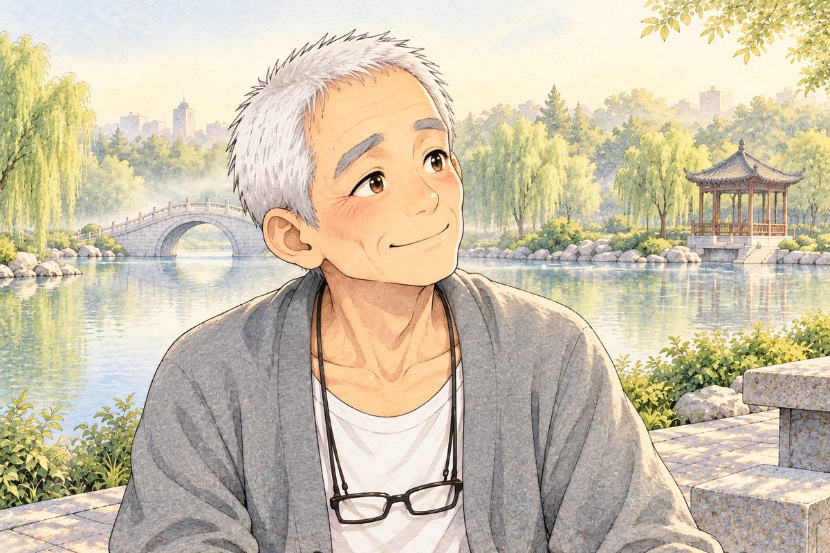 Same misty gold dawn. Close on Grandpa, looking up and RIGHT at Xiaoyu off panel, studying her, the ghost of a smile. His face in the middle of the panel. The mist behind is the quiet area.