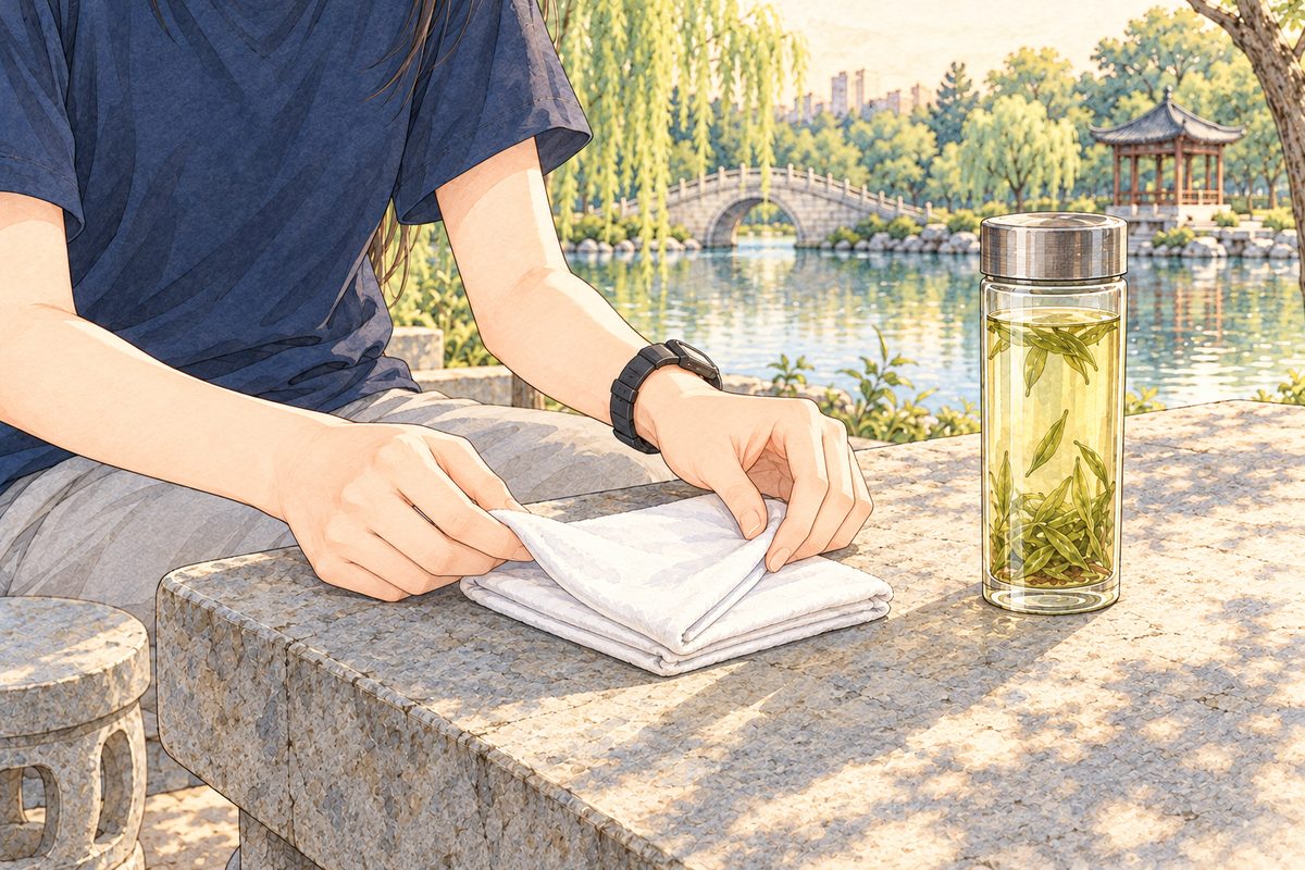 Same misty gold dawn. Close on Xiaoyu's two hands folding the white cloth in half and laying it on the corner of the stone table beside the full glass of tea; her navy sleeves, her black watch on her LEFT wrist. No face. The grey stone around is quiet.