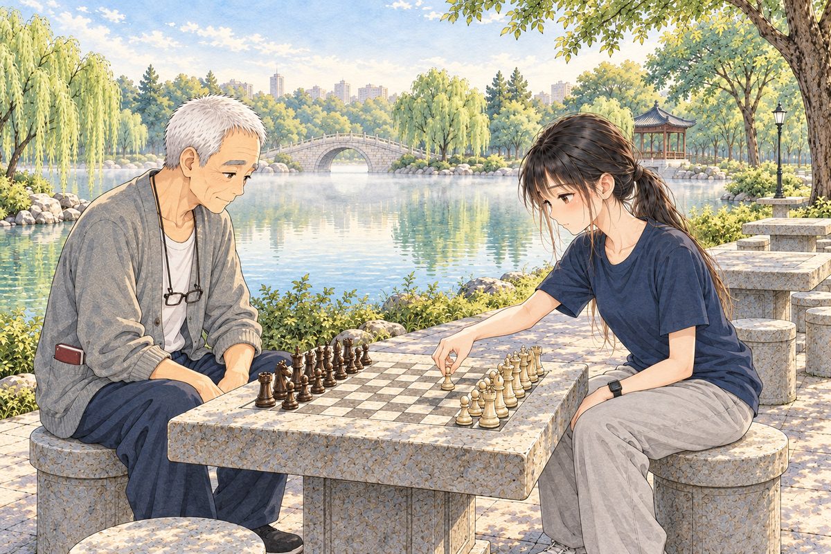 Same dawn. Xiaoyu now sits on Wu's stool on the RIGHT, her RIGHT hand pushing a cream pawn two squares forward on the carved board; Grandpa on the LEFT watches the pawn. Both faces look down at the board, in the middle band. The mist above is the quiet area.