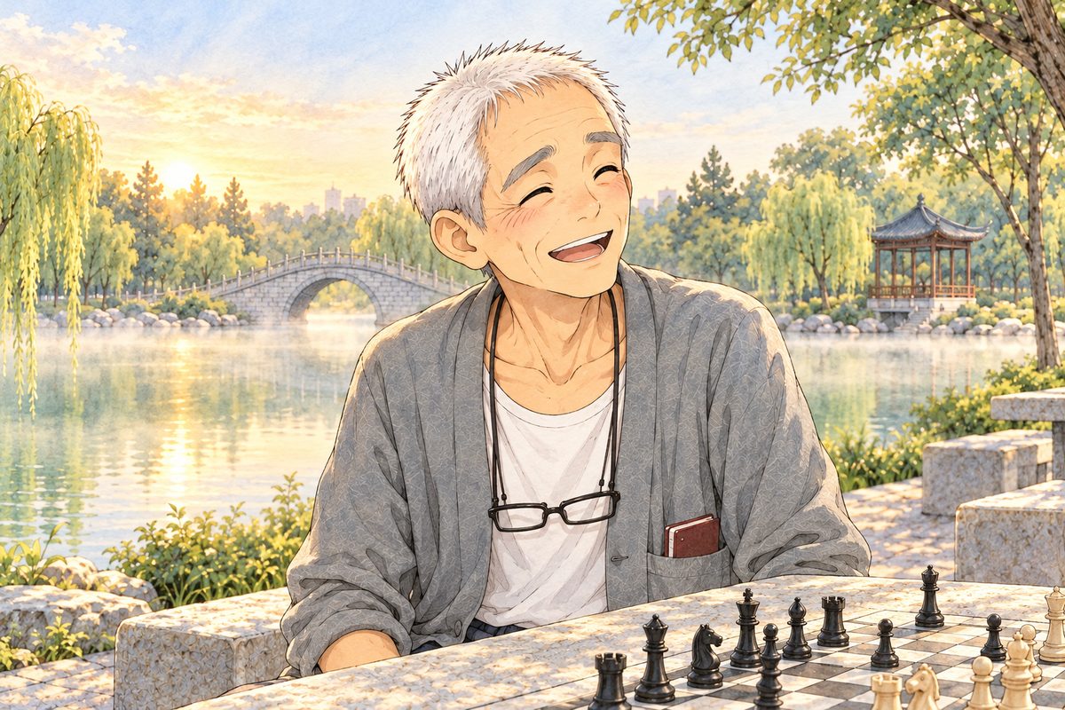 Same dawn, the first gold light. Close on Grandpa, eyes lighting up, laughing, looking RIGHT at Xiaoyu off panel. His face in the upper middle of the panel. The stone table and the mist below are the quiet area.