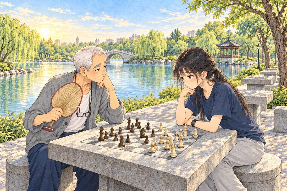 Thursday 28 July, six o'clock, the sun just up, gold on the water. The game is well in: Grandpa on the LEFT and Xiaoyu on the RIGHT lean over the carved board; Grandpa fans himself slowly with Uncle Wu's fan in his LEFT hand. Two faces in the middle band. The gold sky above is the quiet area.