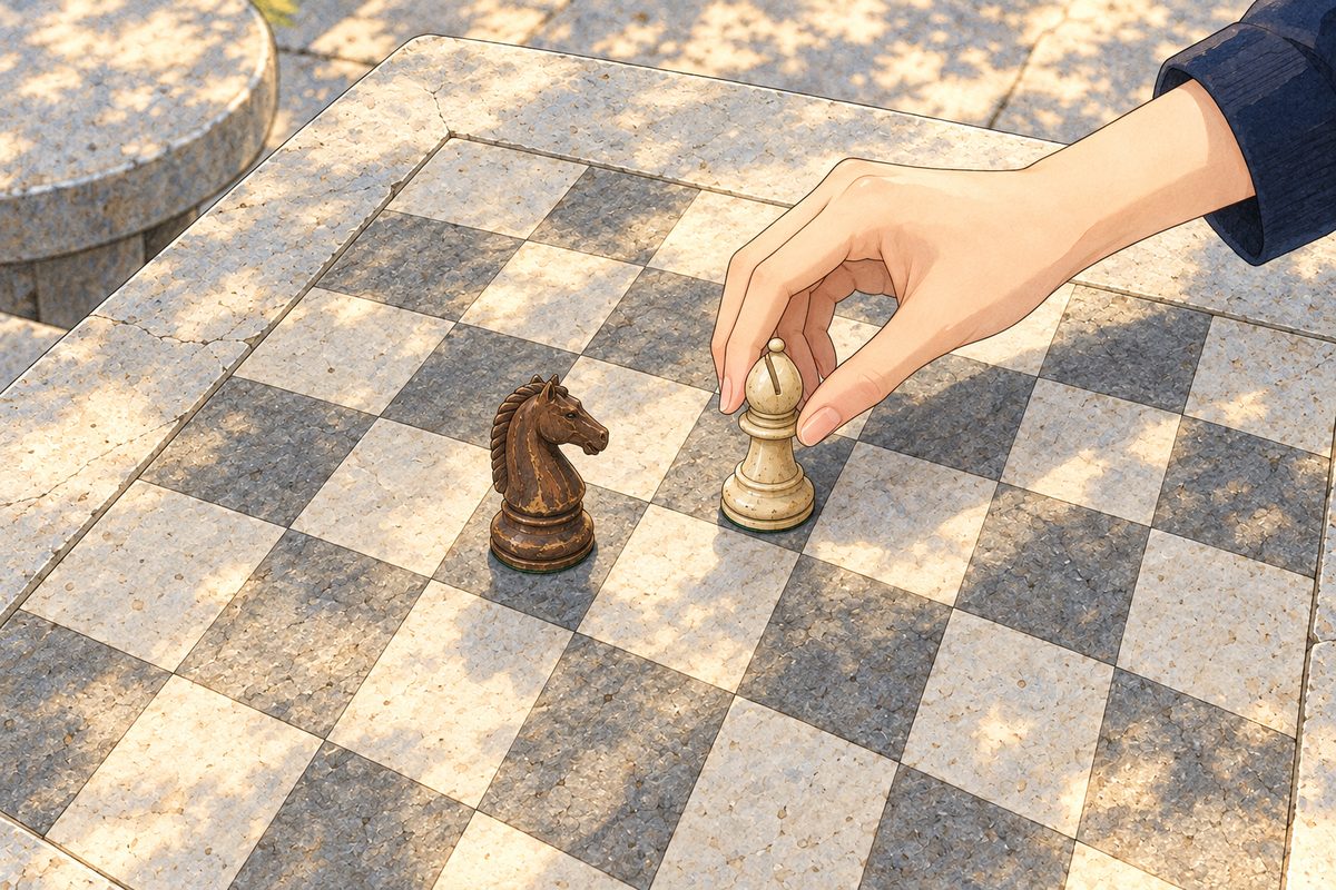 Same gold light. Close from above on the carved board: Xiaoyu's RIGHT hand sets down a cream bishop; Grandpa's dark brown knight stands nearby. Her sleeve is navy. No face, no line. The grey stone around is quiet.