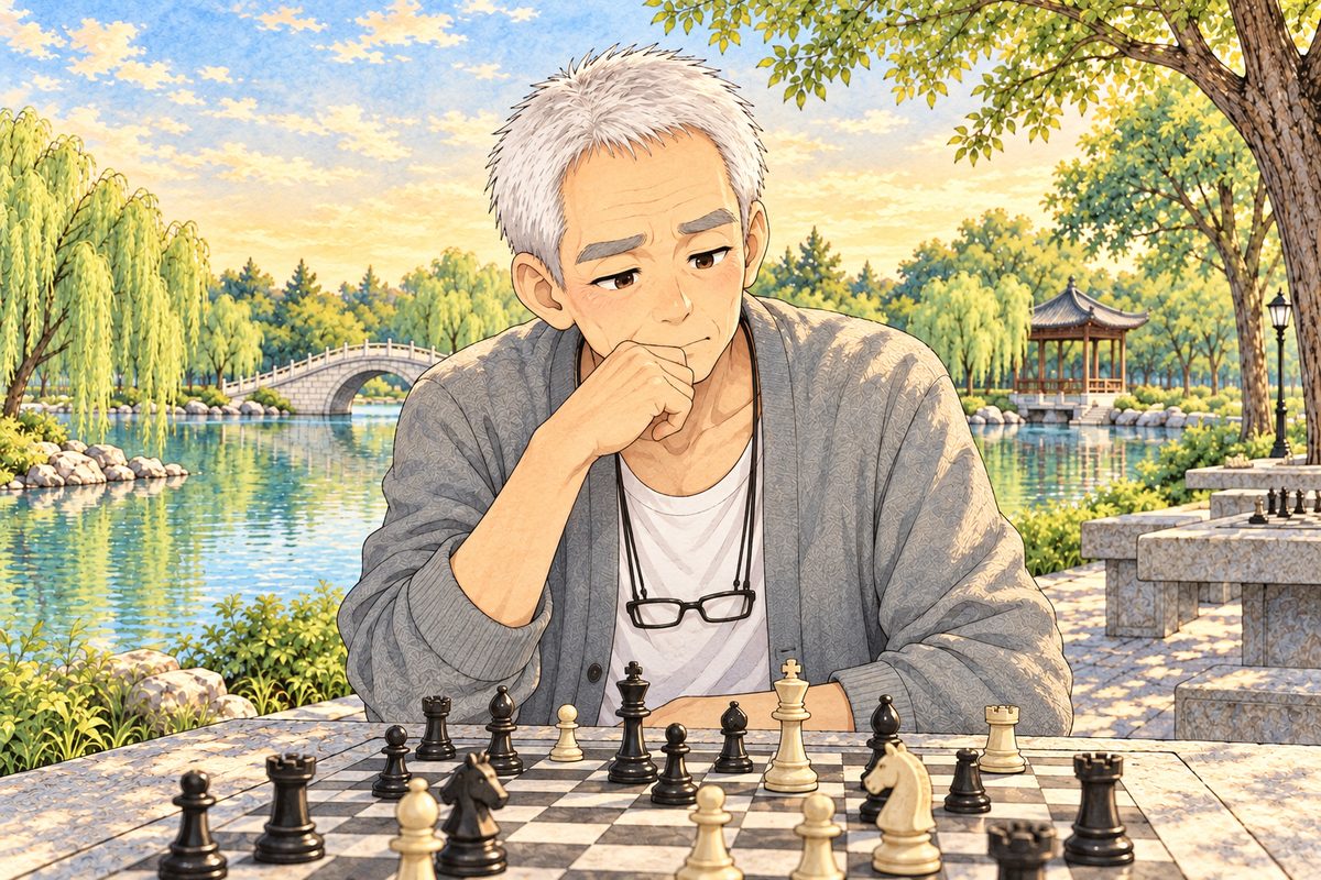 Same gold light. Close on Grandpa thinking hard, chin on his fist, eyes down on the board. His face in the middle of the panel. The gold sky behind is the quiet area.