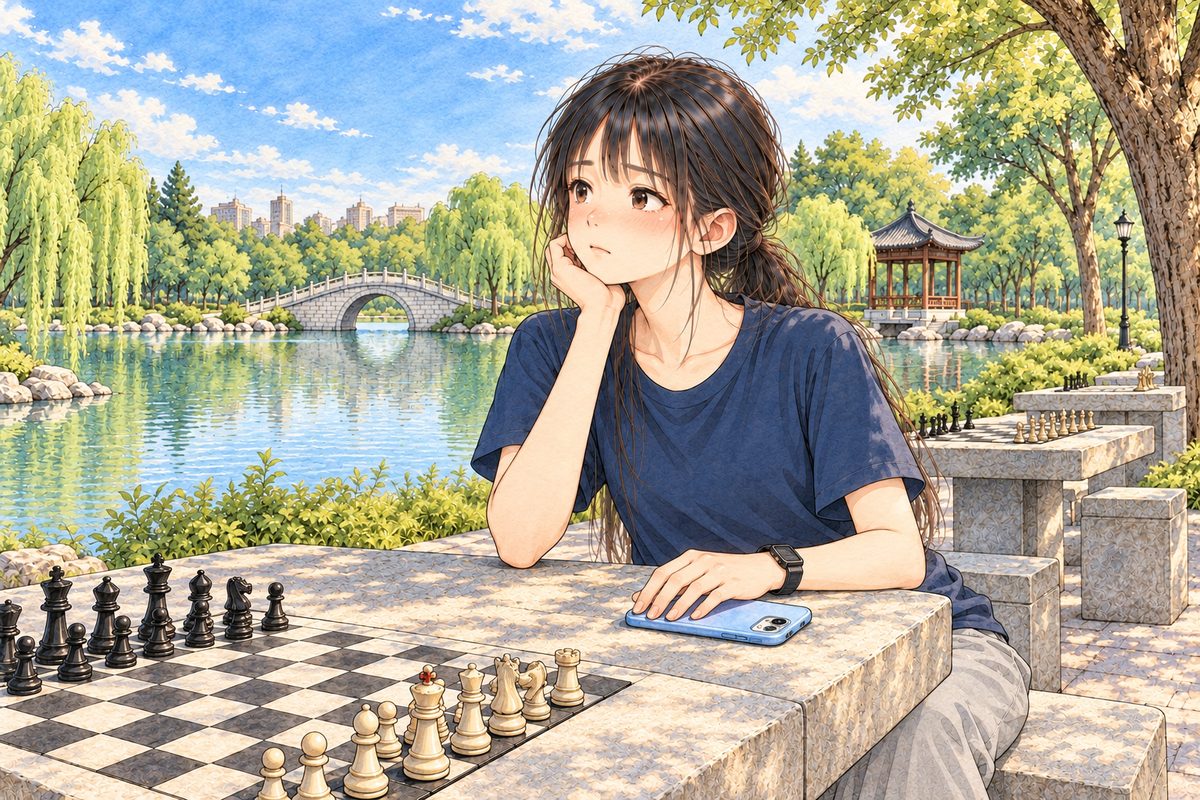 Same gold light. Xiaoyu sits on Wu's stool on the RIGHT, waiting; her sky-blue phone lies FACE DOWN on the stone by her LEFT elbow, her LEFT hand resting flat on its back. Her face in the upper middle of the panel. The stone below is the quiet area.