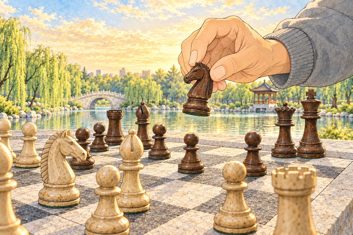 Same gold light. Close and low on the carved board: Grandpa's RIGHT hand lifts his dark brown knight into its jump, mid-air over the pieces, sunlight on the wood. A smooth simple manga hand. No face. The gold sky behind is quiet.