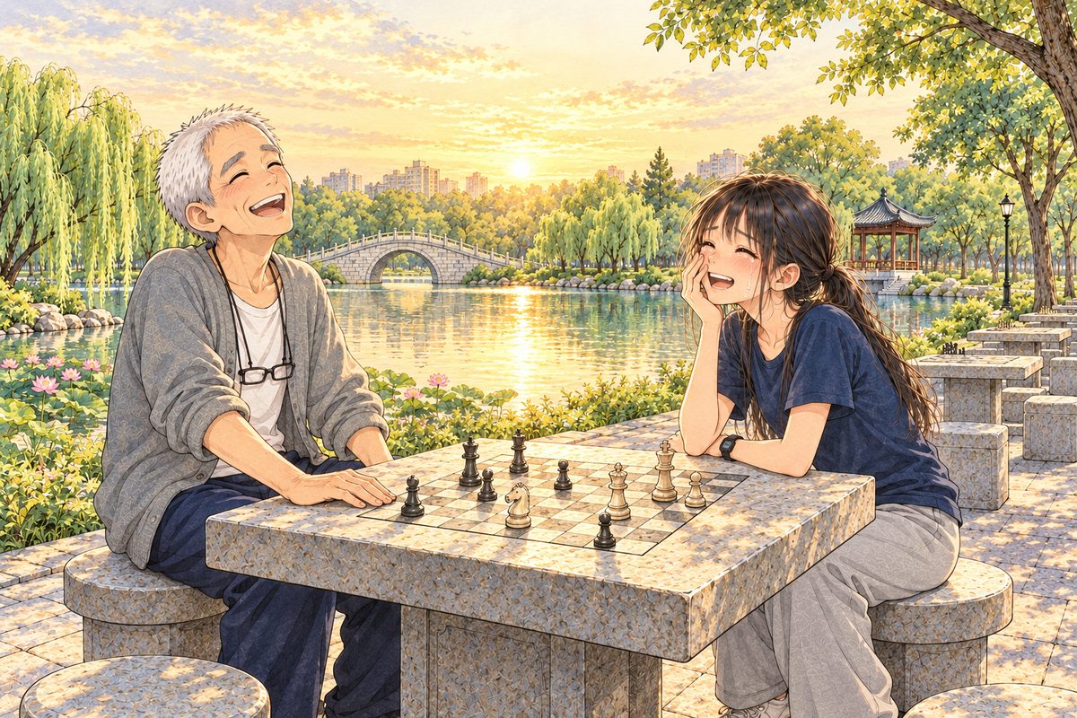 Sunrise, the sun gold on the lake. Grandpa on the LEFT laughs with his head thrown back, his RIGHT palm slapping the stone table; Xiaoyu on the RIGHT laughs and cries at once. Two faces in the middle band. The bright sky above is the quiet area.