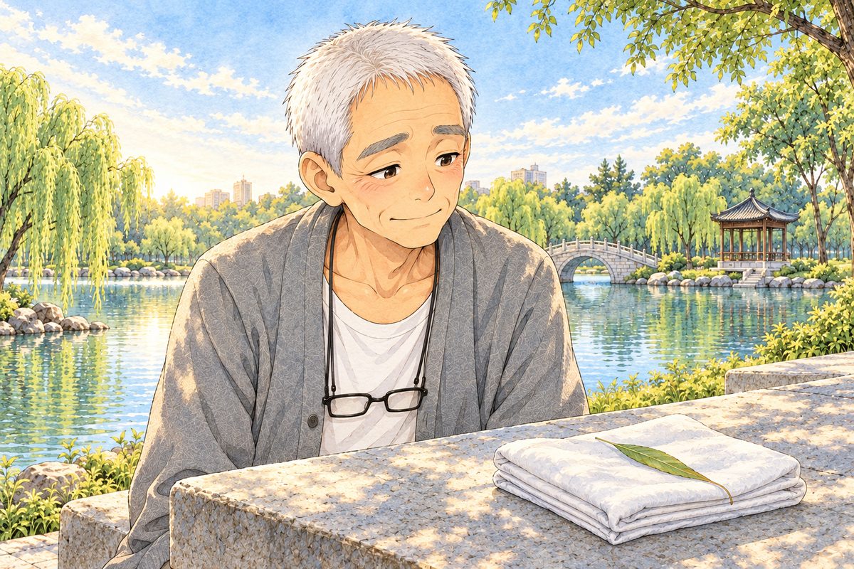 Same sunrise. Close on Grandpa, the laugh fading, looking RIGHT at the folded white cloth on the table corner. His face in the middle of the panel. The bright sky behind is the quiet area.