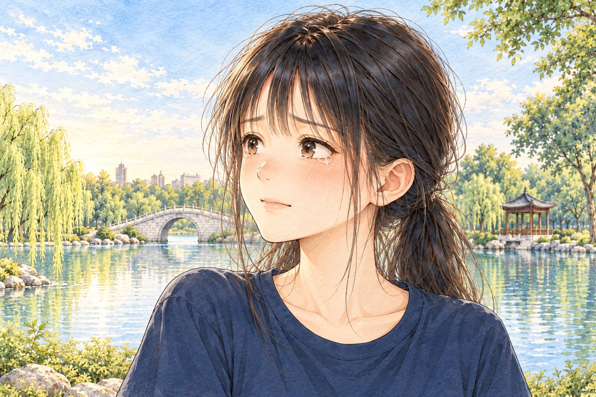 Same sunrise. Close on Xiaoyu, looking LEFT at Grandpa off panel, gentle, her eyes wet. Her face in the middle of the panel. The bright sky behind is the quiet area.